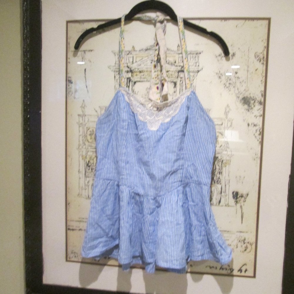 Free People Blue and White Striped Lace Halter Peplum Top
